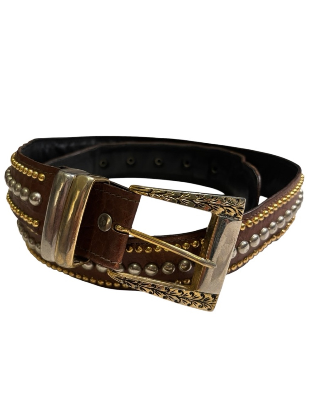 Vintage Sand Castle USA Studded Leather Western Belt Brown Gold Silver Rodeo